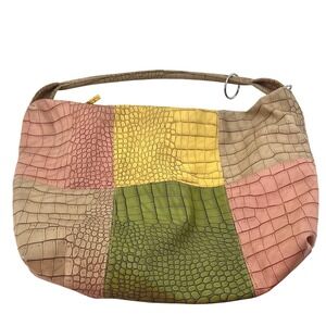 Multicolor Patchwork Croc Embossed Hobo Shoulder Bag Large Slouchy Boho Zipper